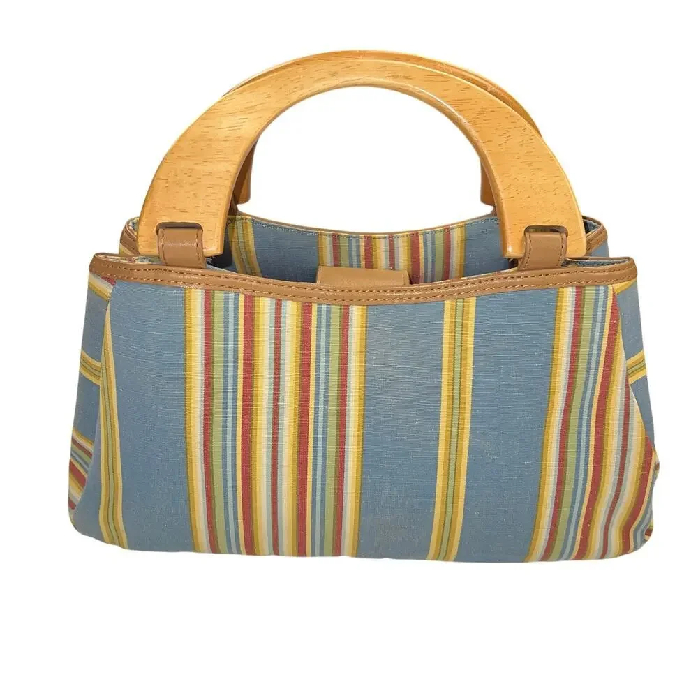 Fossil Cabana Stripe Canvas Wood Handled Satchel Handbag Purse Multicolor